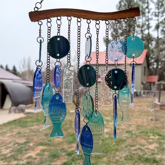 Stunning Stained Glass & Blue Glass Fish Wind Chime - Beach Decor - Picture 13 of 14